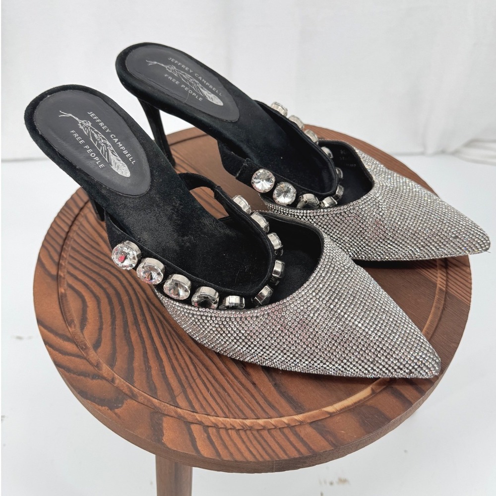 Jeffrey Campbell for Free People Rhinestone Mules Black Silver Heels Size 8
